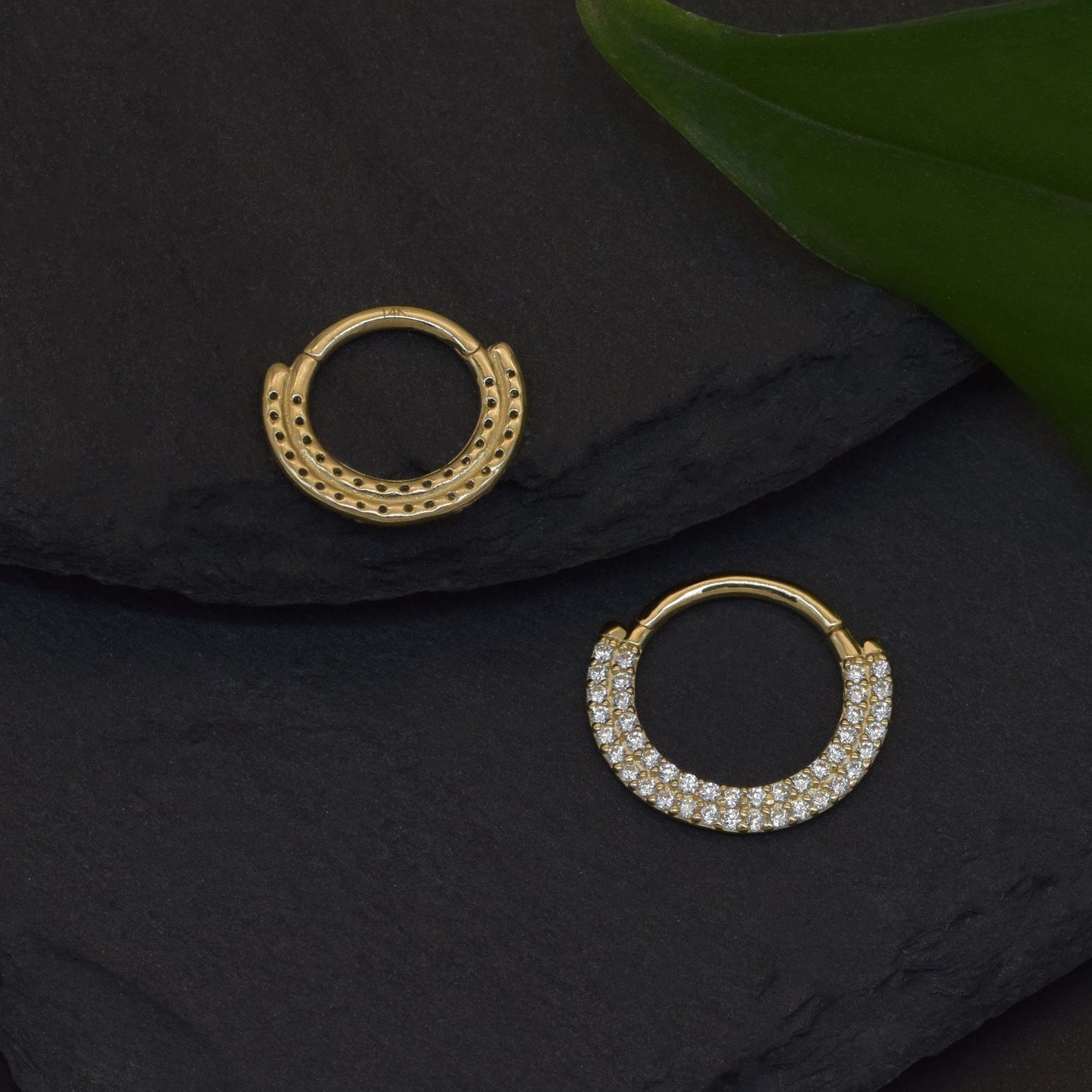 14K Solid Gold Double Row Daith Earring White Cubic Zirconia Septum Ring 18g