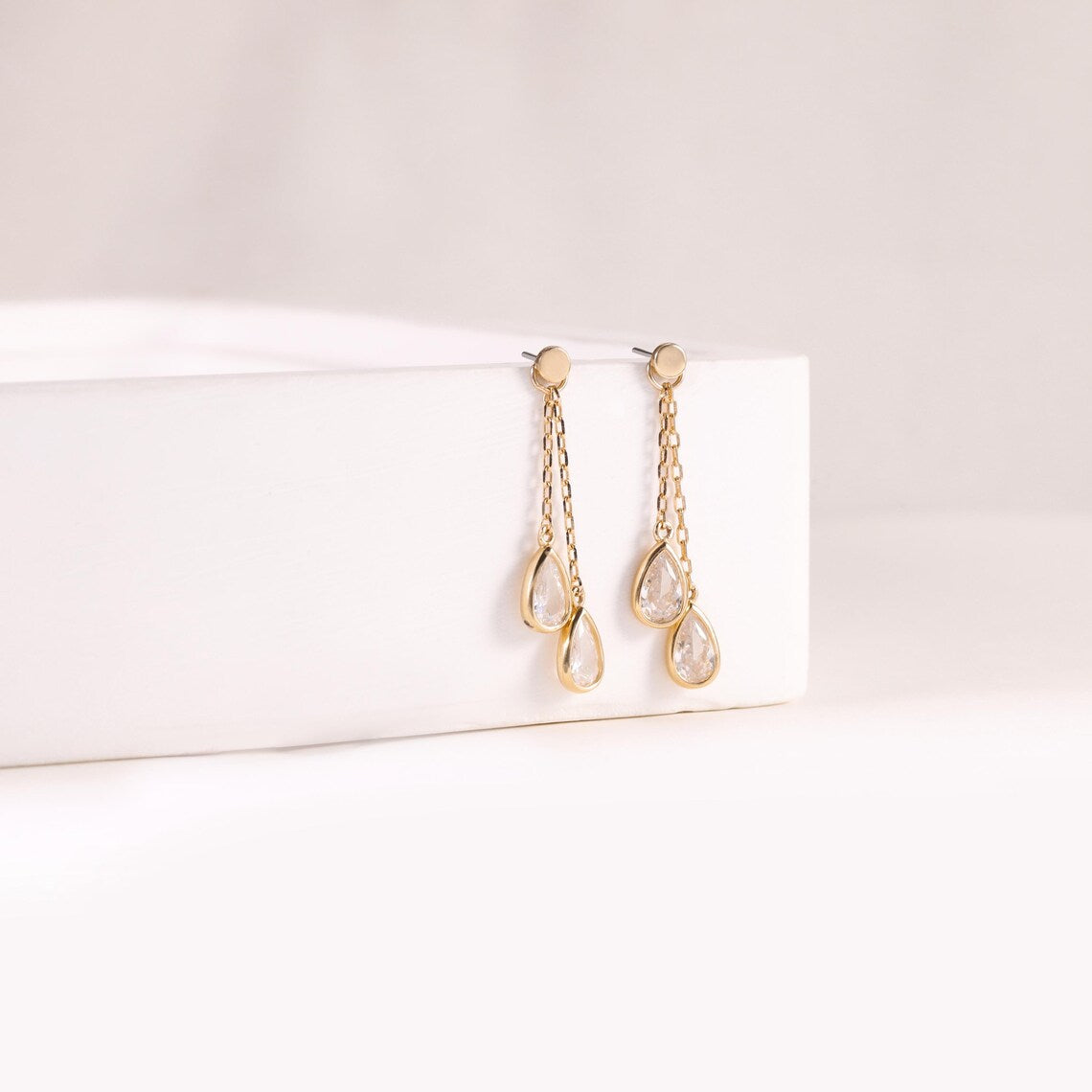 14K Gold Drop Stone Chain Dangle Hoop Charm