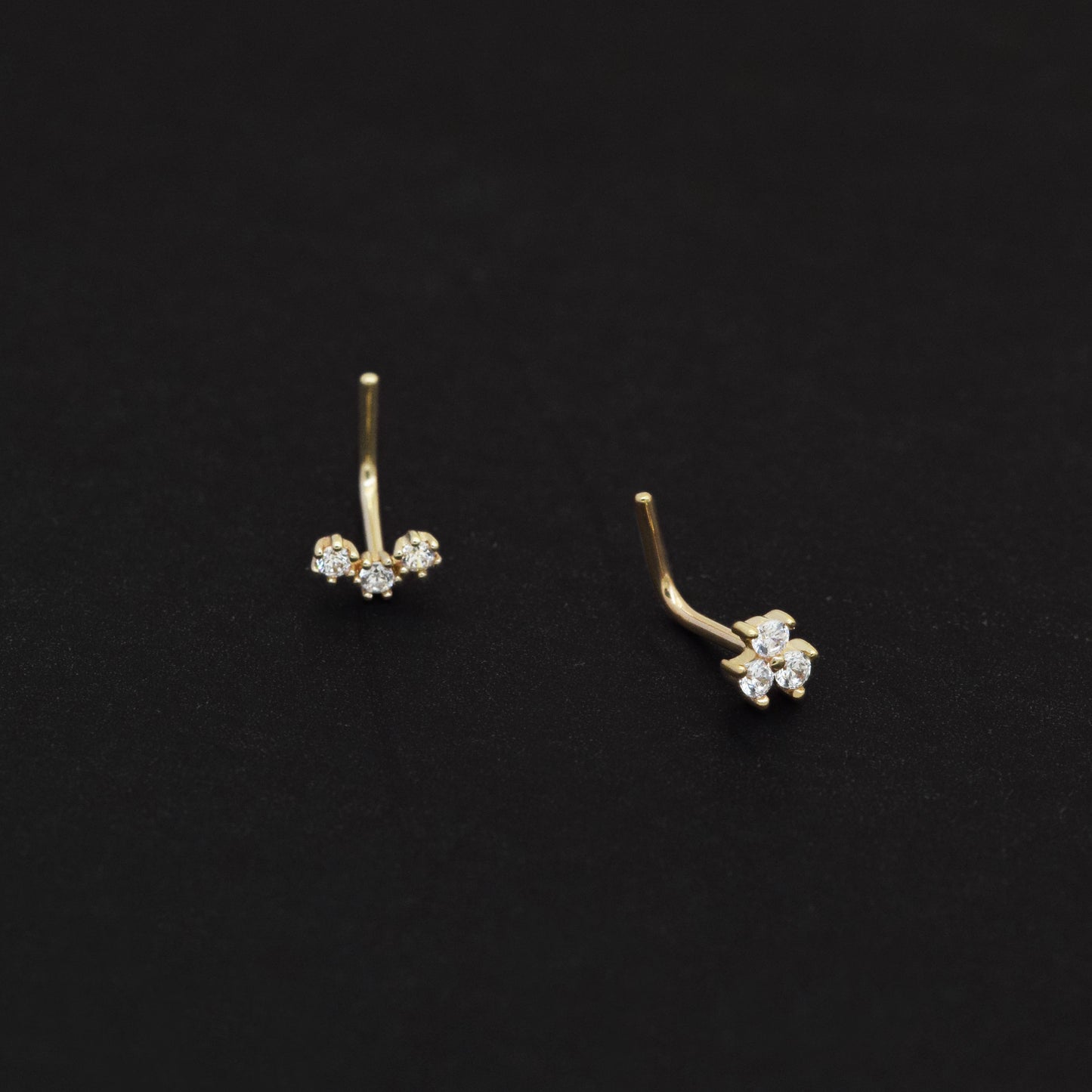 14K Solid Gold Three Stone L-Shape Nose Stud 20g