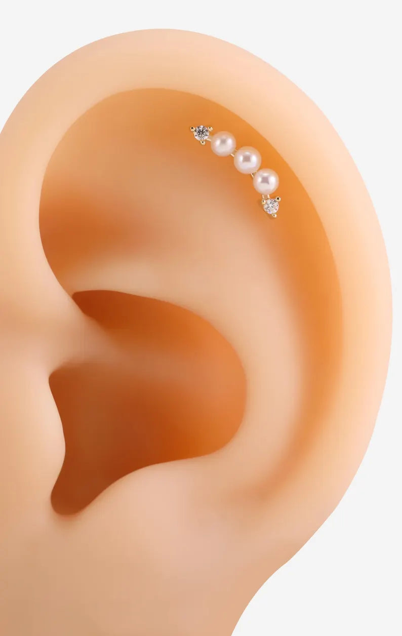 14K Solid Gold Pearl Climber Stud