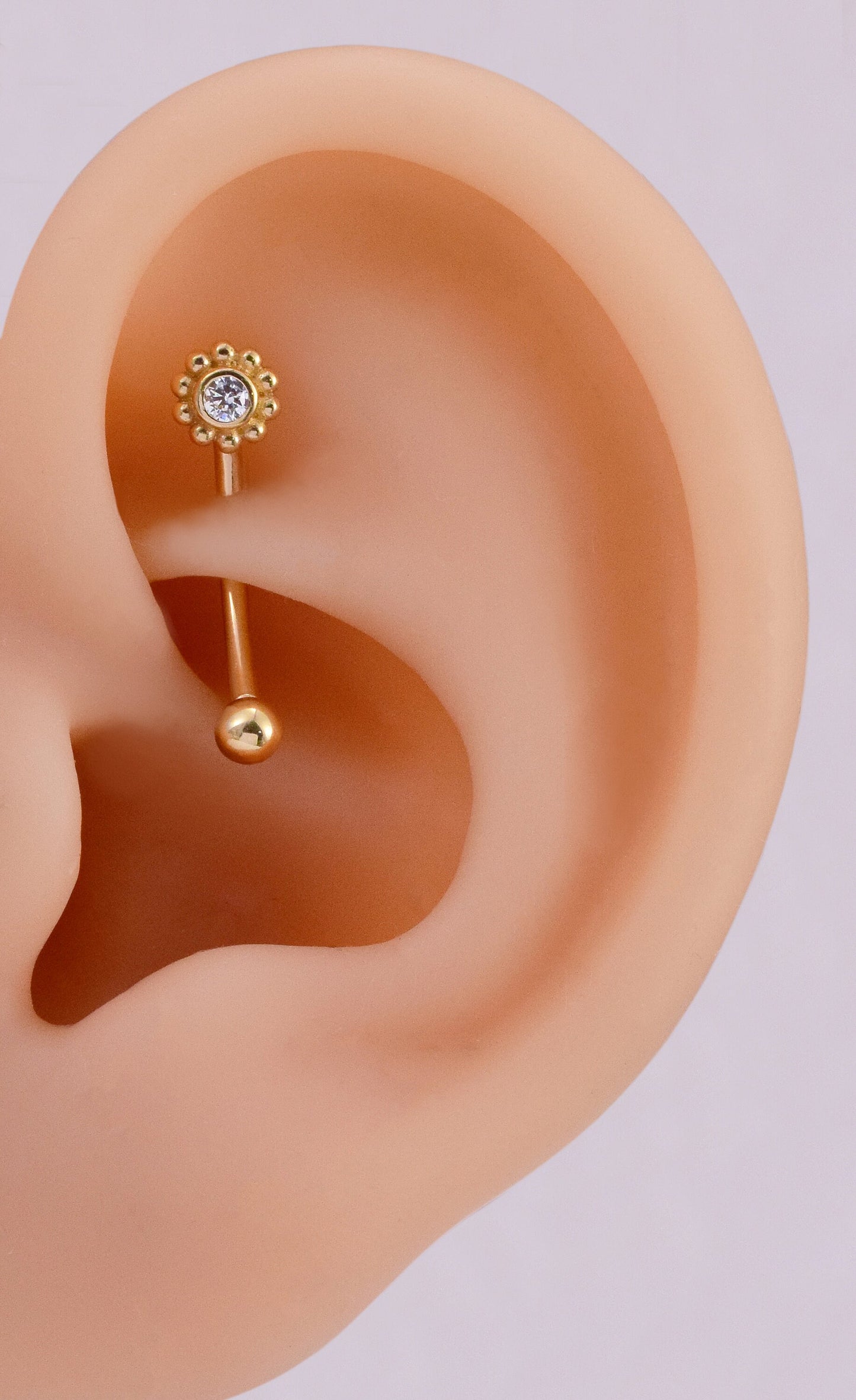 14K Solid Gold Sunflower Rook Piercing Curved Barbell Cubic Zirconia Belly Button 16g