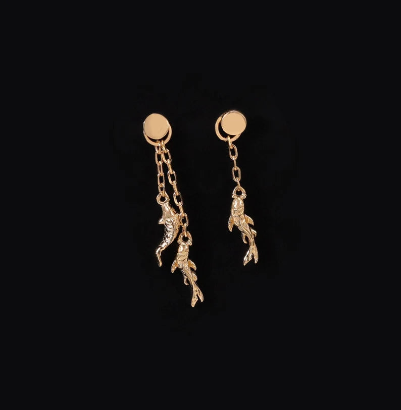 14K Gold Koi Fish Double Chain Earring Charm