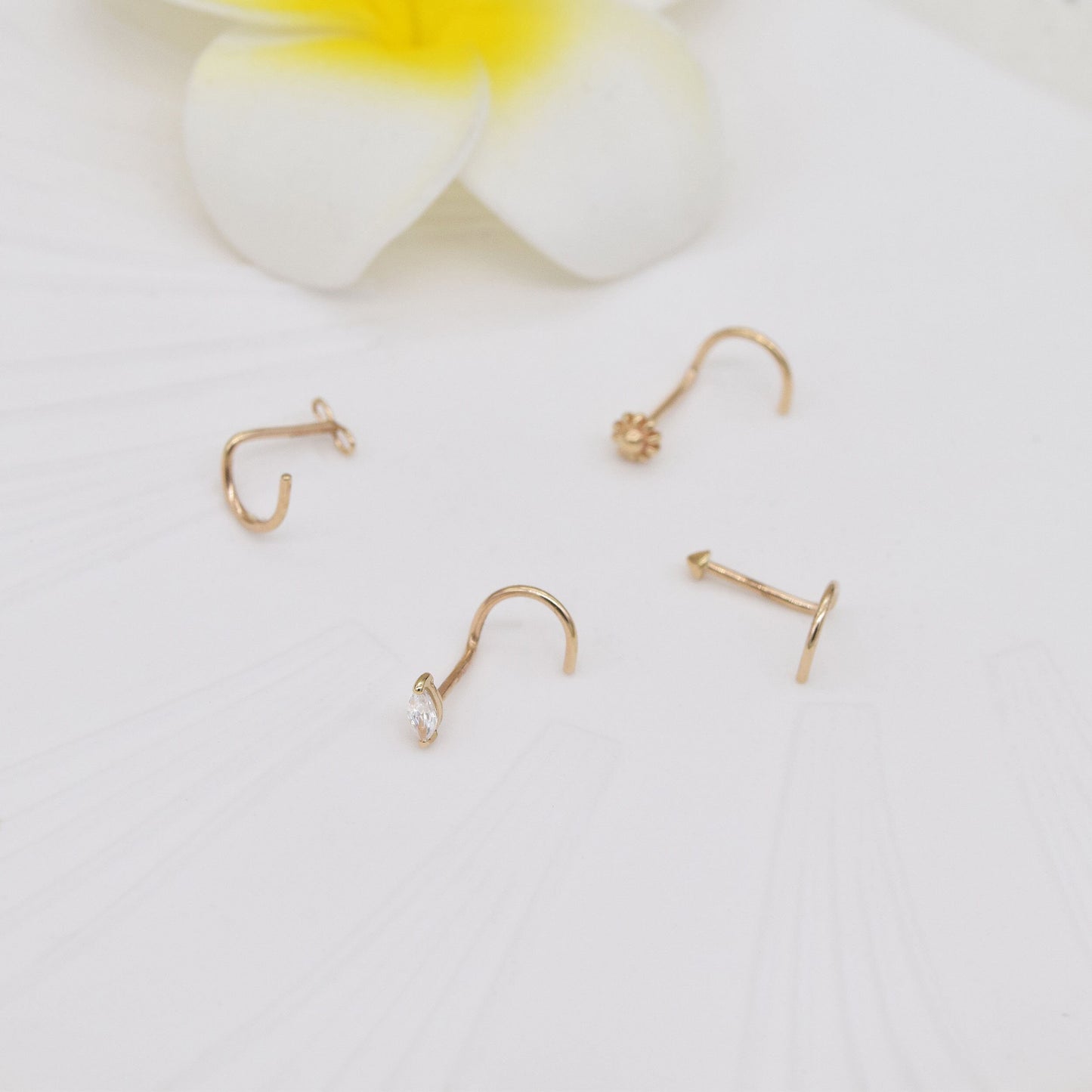 14K Solid Gold Marquise Flower Nose Stud 20G