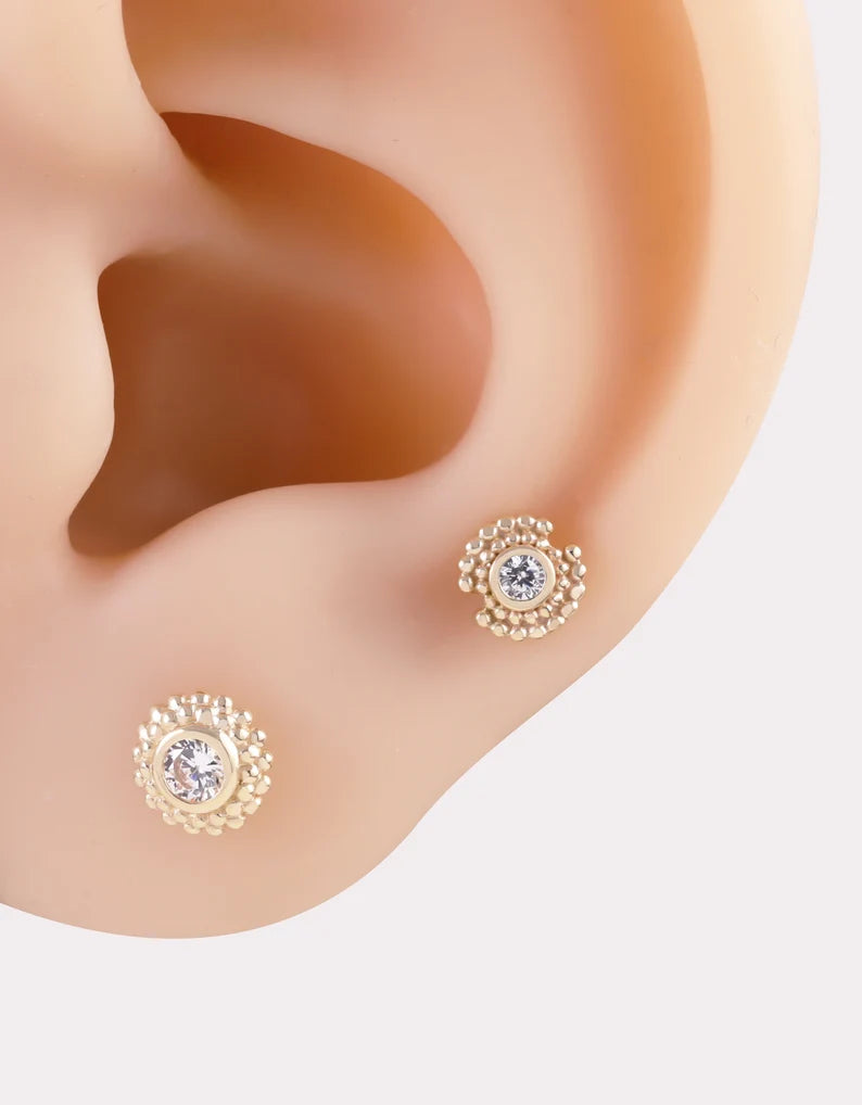 14K Solid Gold Sun Beaded Stud