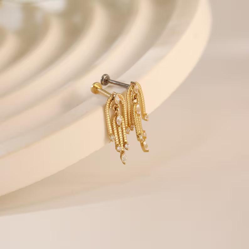 14K Gold Waterfall Chain Cartilage Earring Flat Back
