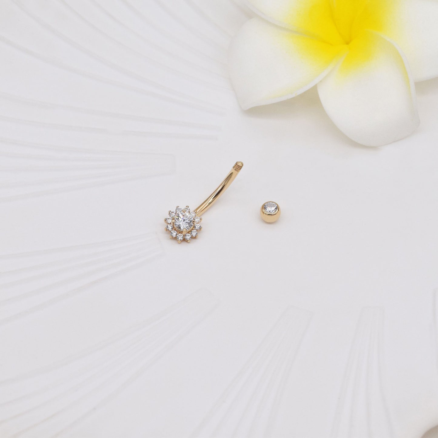 14K Solid Gold Sunflower Belly Ring Curved Barbell 14g