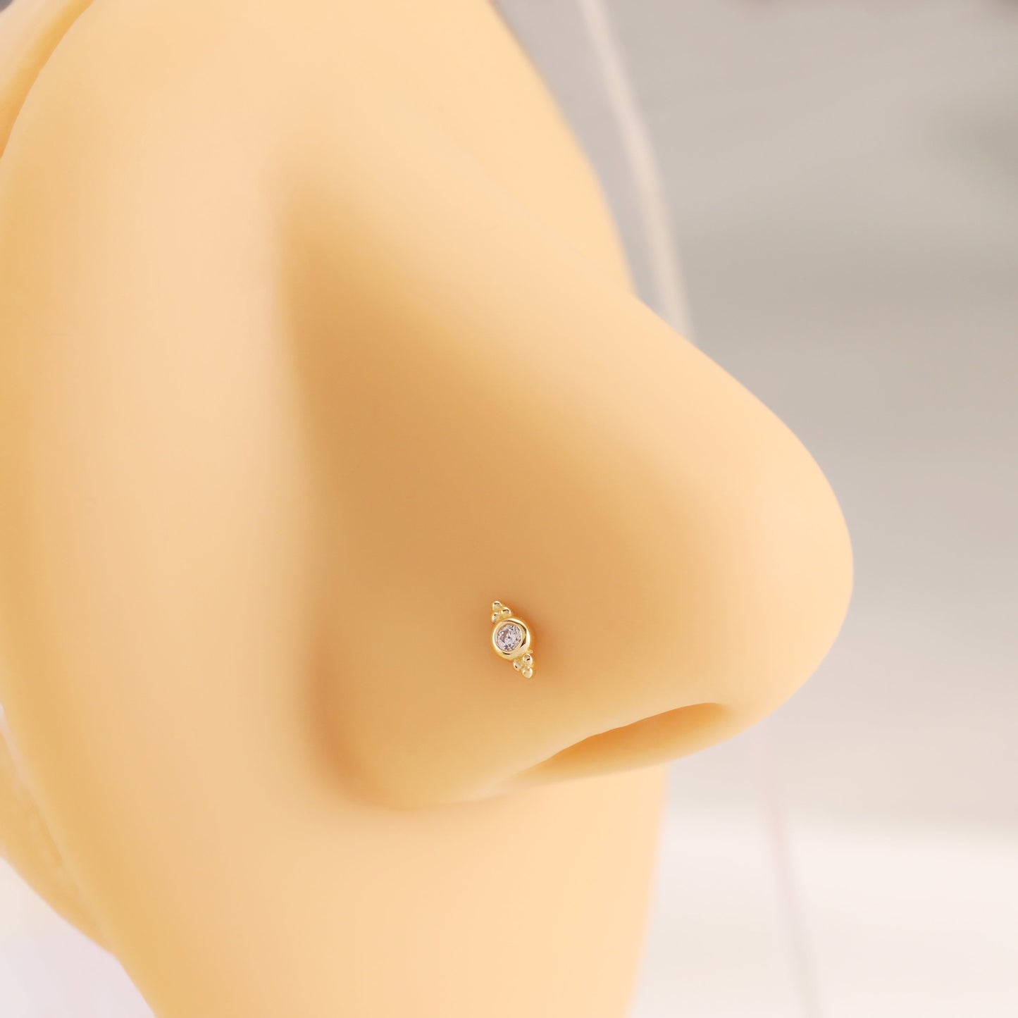 14K Solid Gold S/L Shape Beaded Nose Stud Gemstone 20g