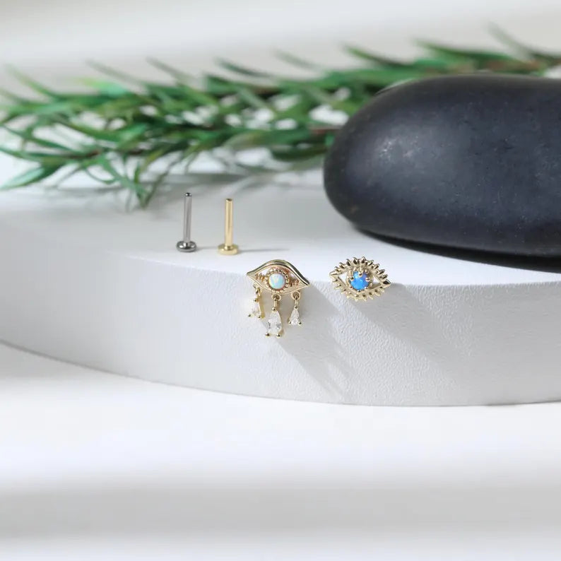 14K Gold Opal Evil Eye Stud
