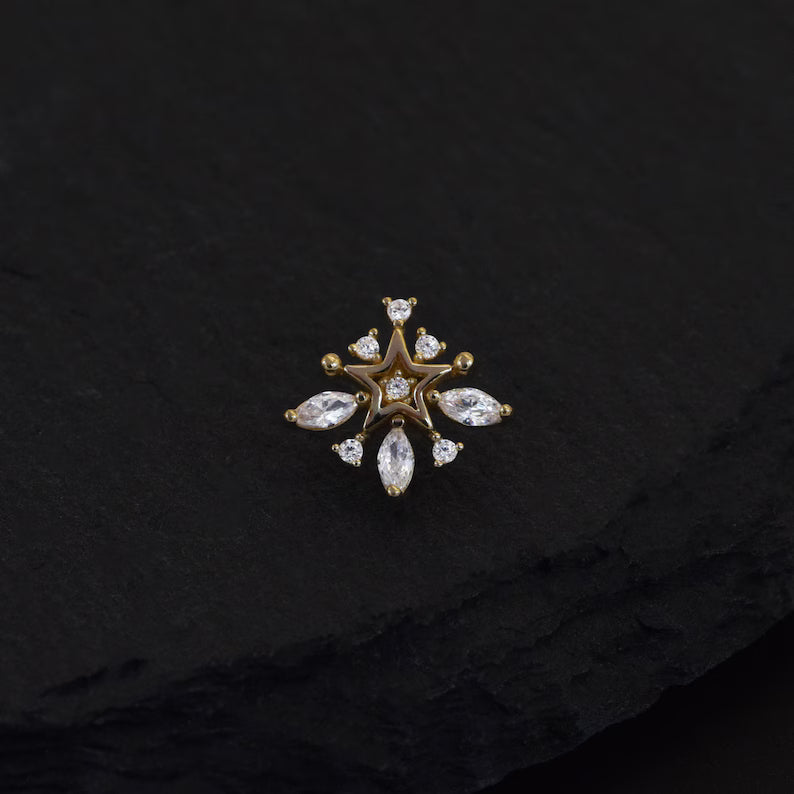 14K Gold Snowflake Cartilage Stud