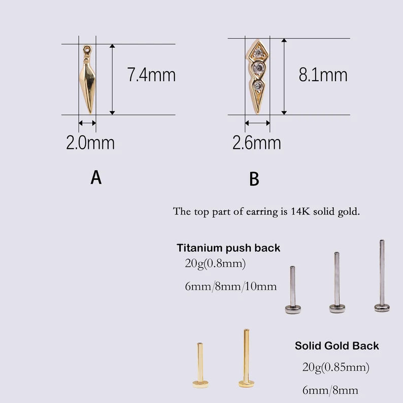 14K Gold Pyramid Cartilage Stud