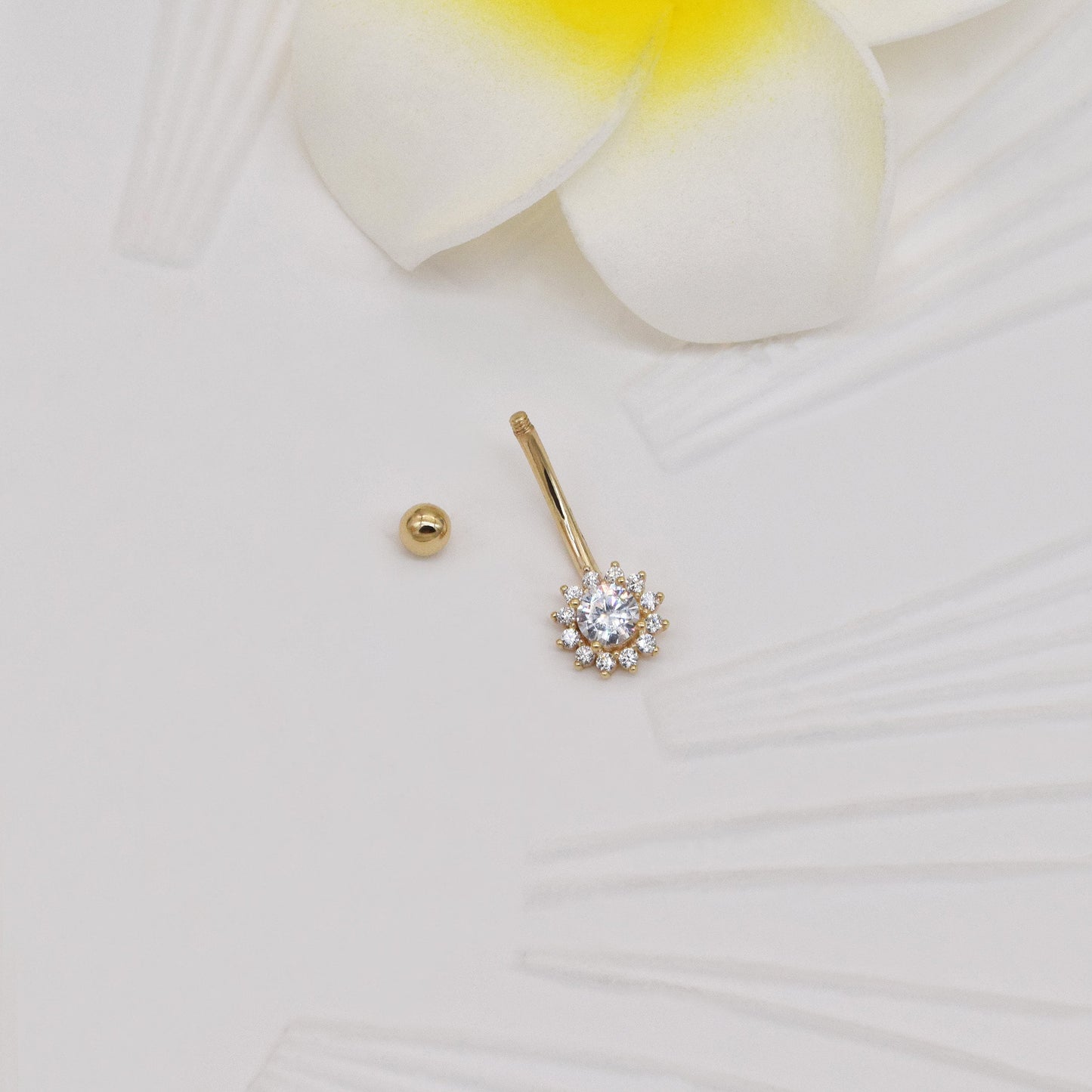 14K Solid Gold Flower Rook Curved Barbell Sunflower Belly Ring 16g