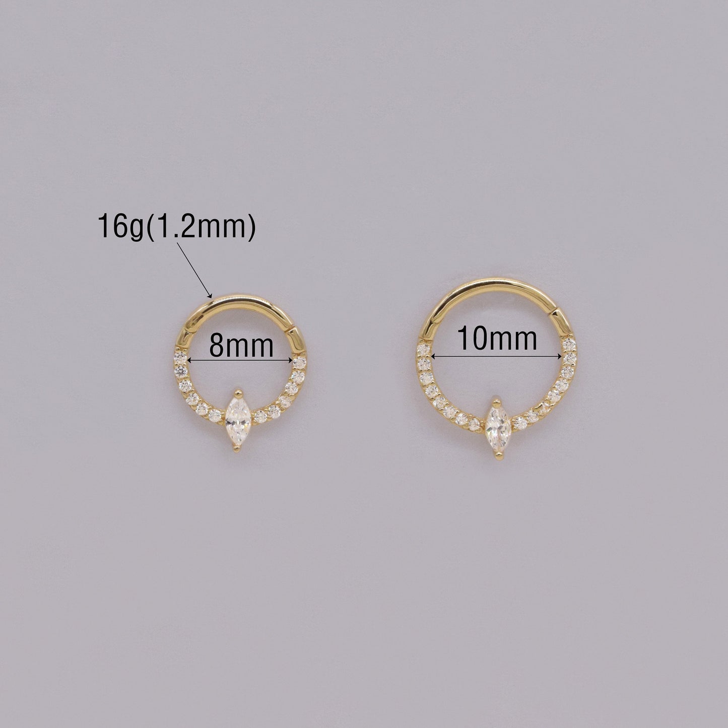 14K Solid Gold Marquise Septum Ring Diamond Daith Ear Clicker Cartilage Hoop 16g