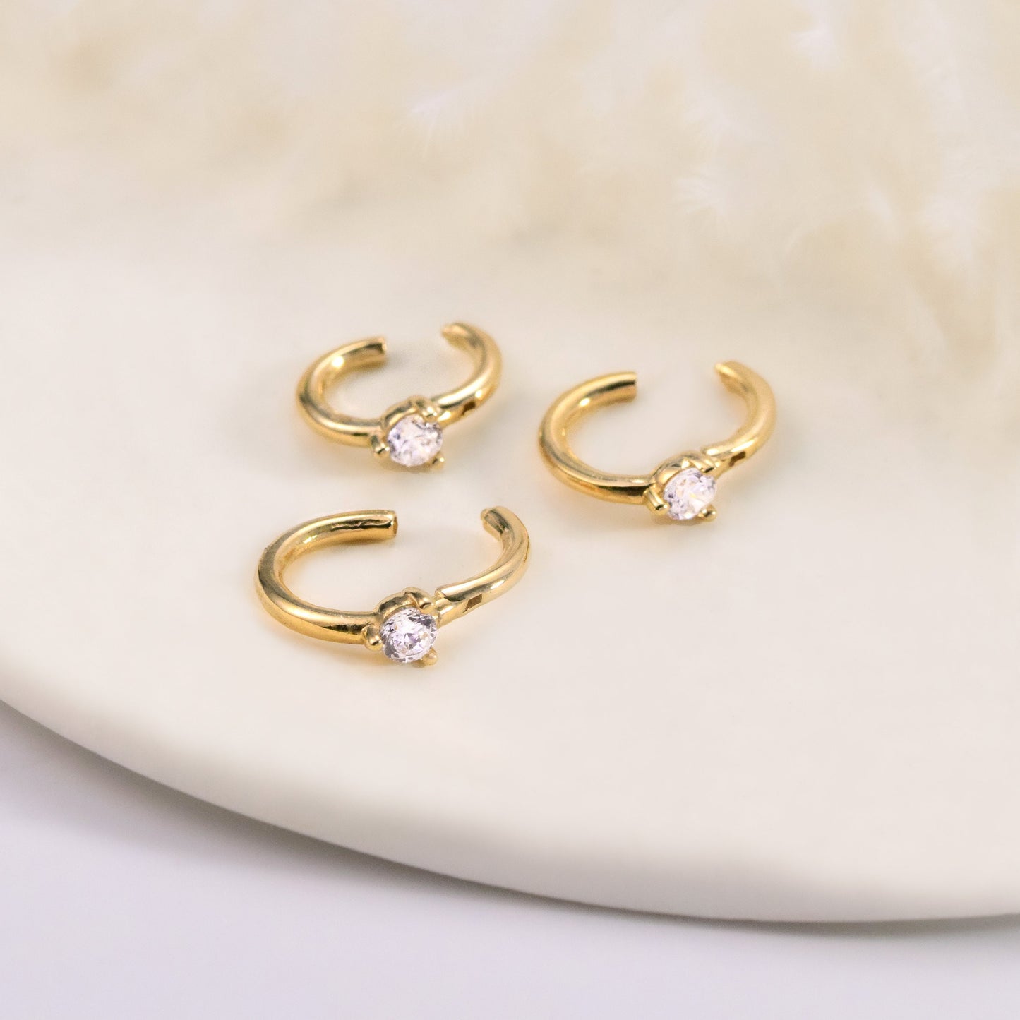 14K Solid Gold Tiny Cartilage Hoop Cubic Zirconia Huggie Earring