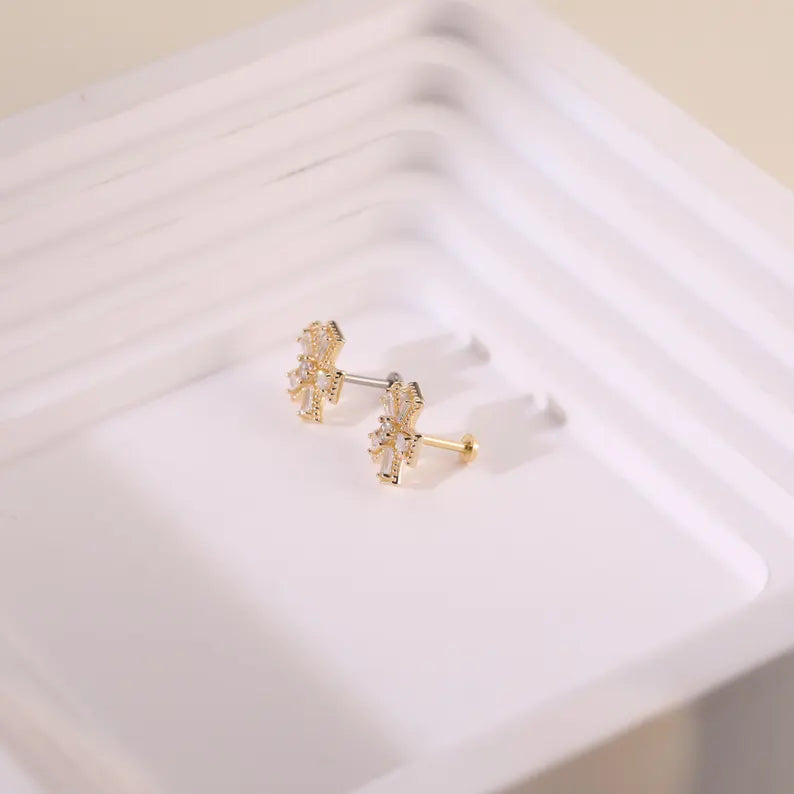 14K Solid Gold Snowflake Flower Cartilage Helix Tragus Stud