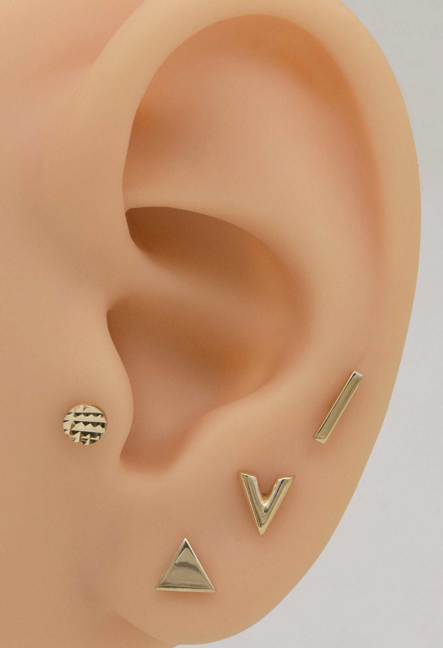 14K Solid Gold Geometric Stud Earrings V Shape Triangle Circle Dot 18g
