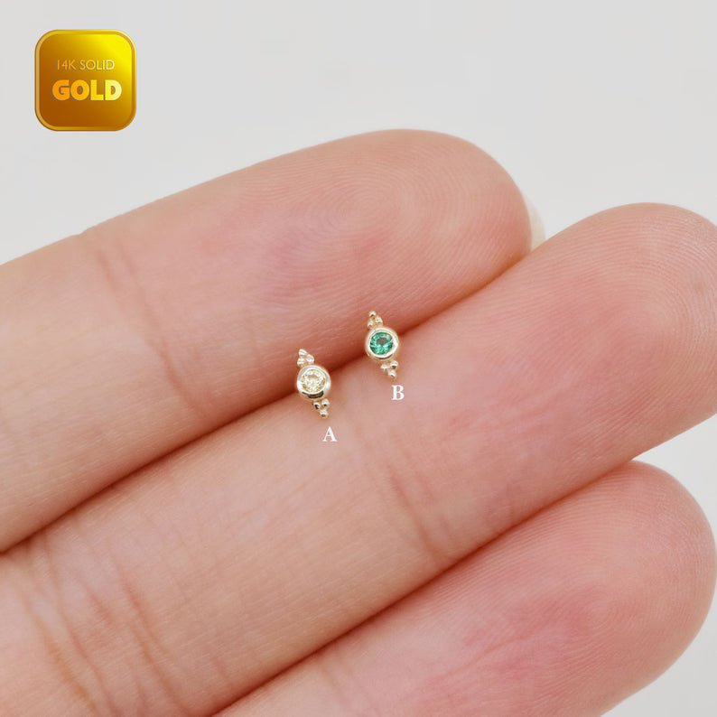 14K Solid Gold Three Bead Helix Stud