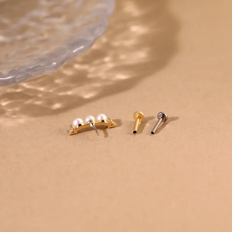 14K Solid Gold Pearl Climber Stud
