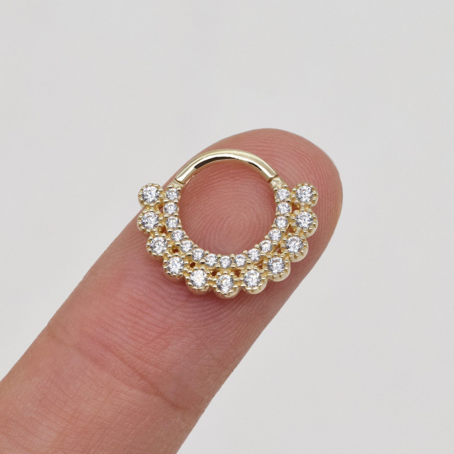 14K Solid Gold Double Row Septum Cubic Zirconia Daith Hoop 16g