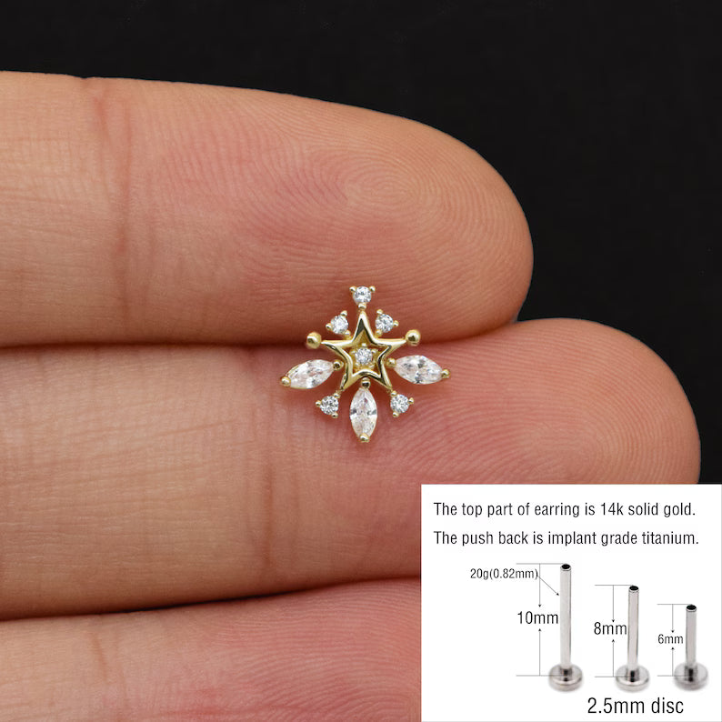 14K Gold Snowflake Cartilage Stud