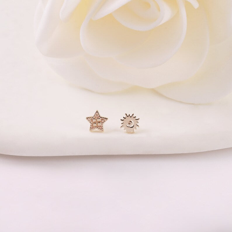 14K Solid Gold Sun & Star Stud Earring for Cartilage