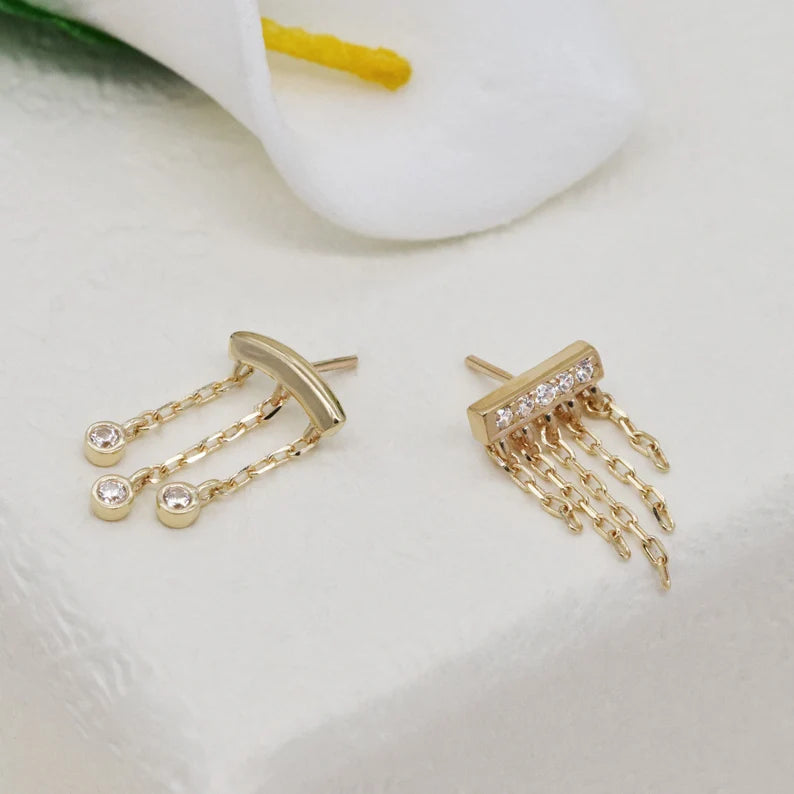 14K Solid Gold Bar Chain Earring
