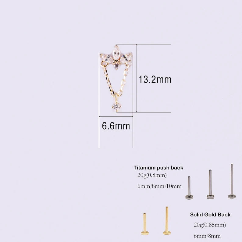 14K Gold Marquise Chain Cartilage Earring 20g