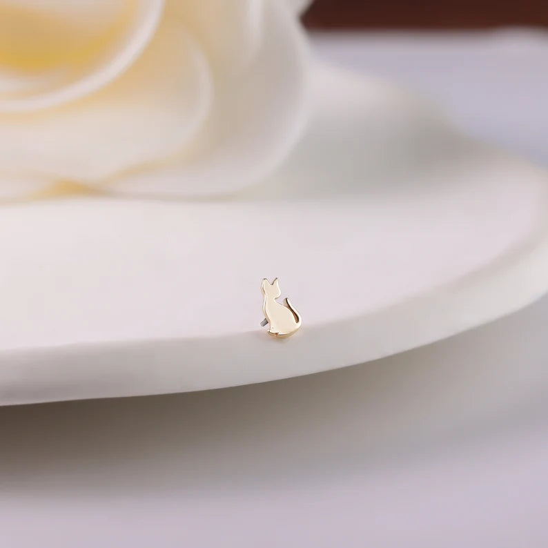 14K Solid Gold Cat Stud Earrings