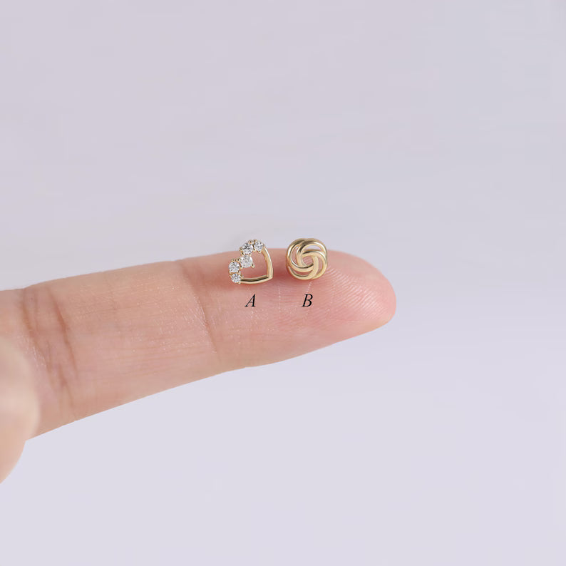 14K Gold Heart Rose Flat Back Studs