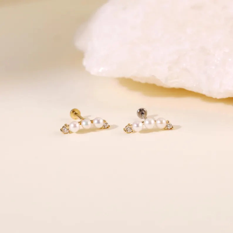14K Solid Gold Pearl Climber Stud