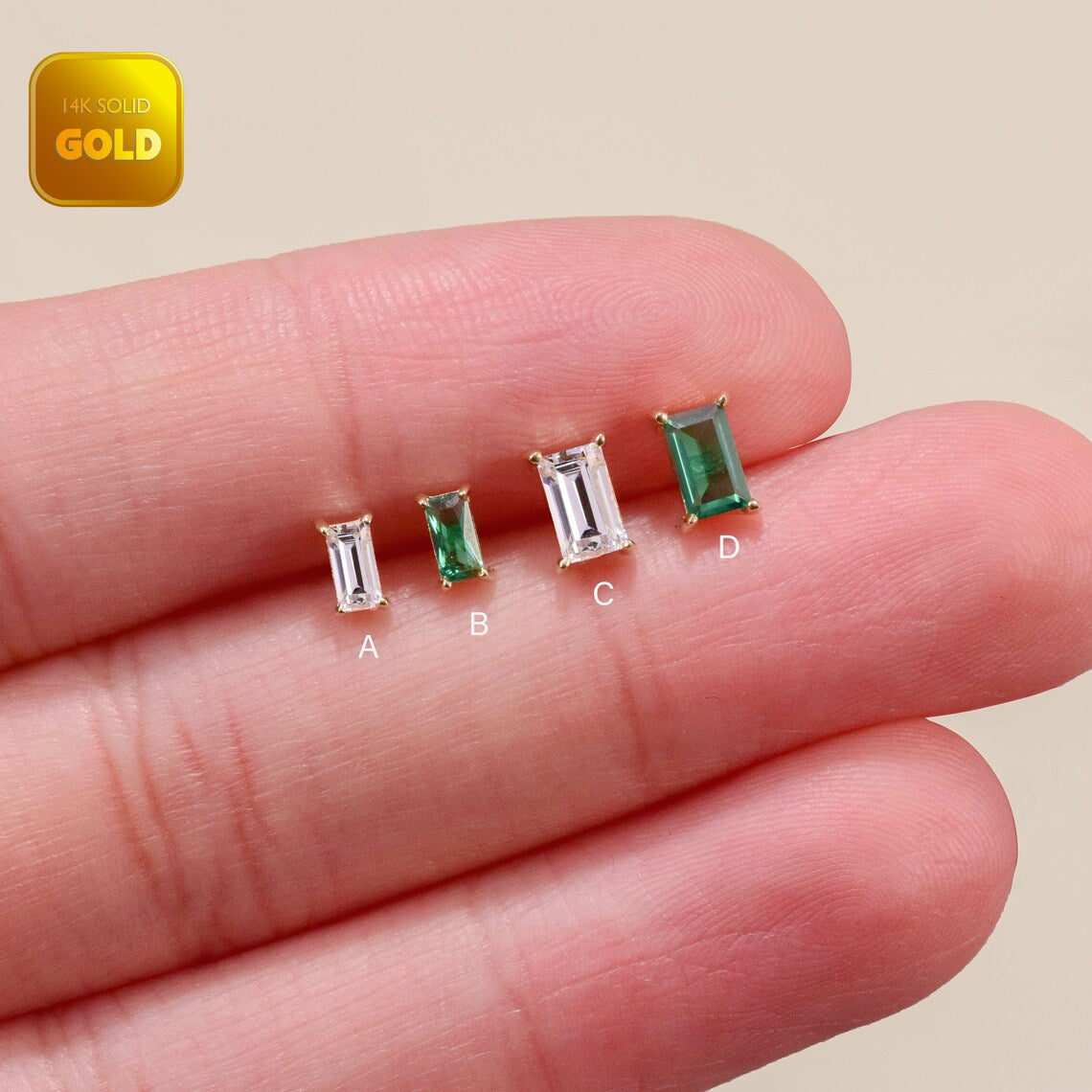 14K Gold Tiny Baguette Emerald Cartilage Stud