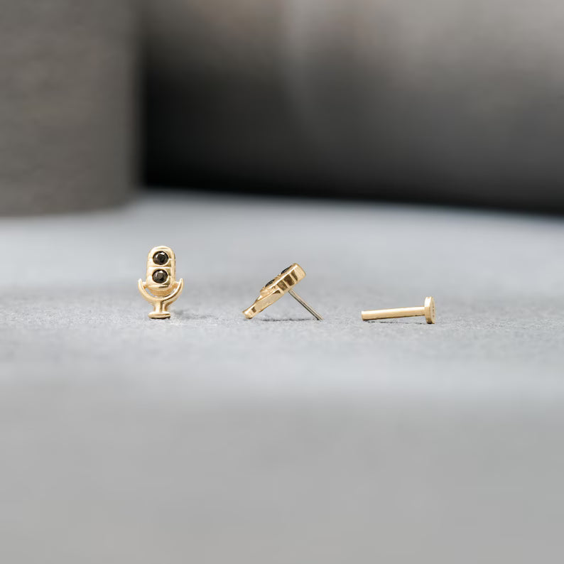14K Gold Tiny Microphone Flat Back Earring