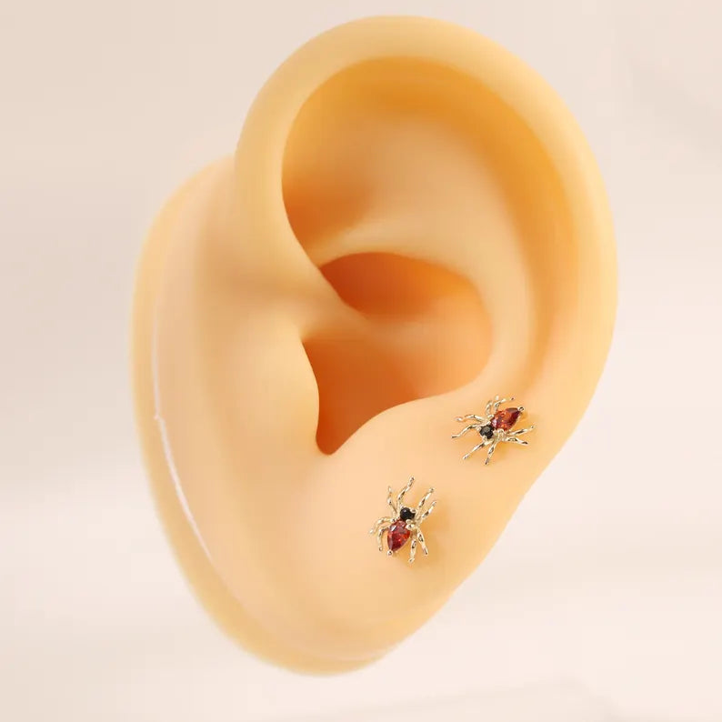 14K Solid Gold Red Spider Stud Earring for Cartilage