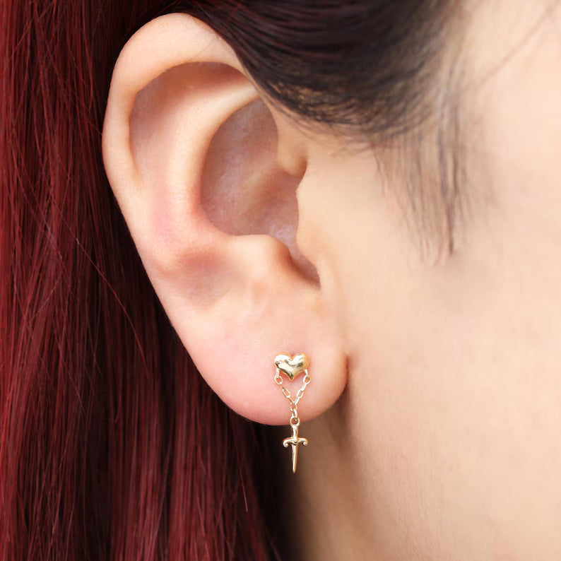 14K Gold Heart Sword Dangle Piercing Studs