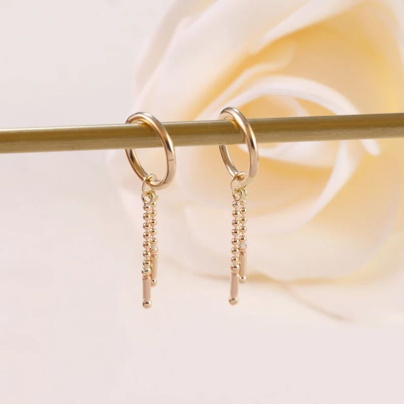 14K Gold Tiny Beaded Chain Dangle Earring