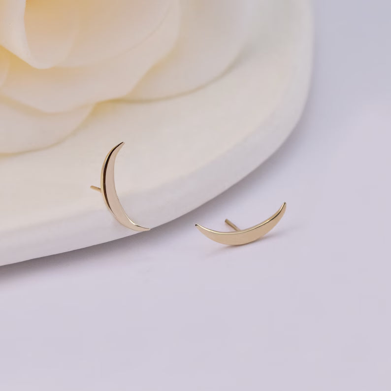 14K Solid Gold Moon Bar Stud