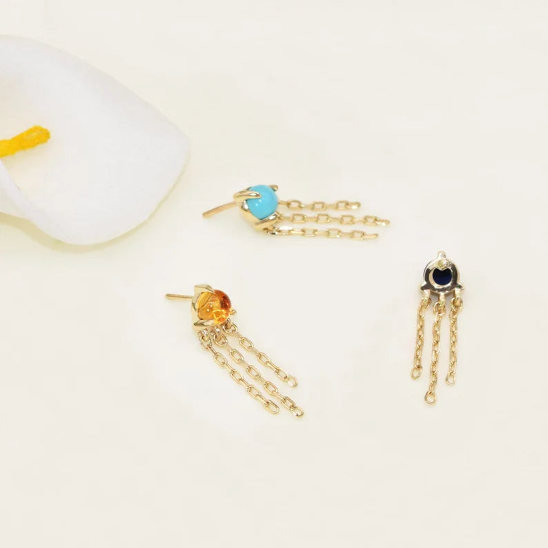 14K Solid Gold Gemstone Dangle Stud Earring