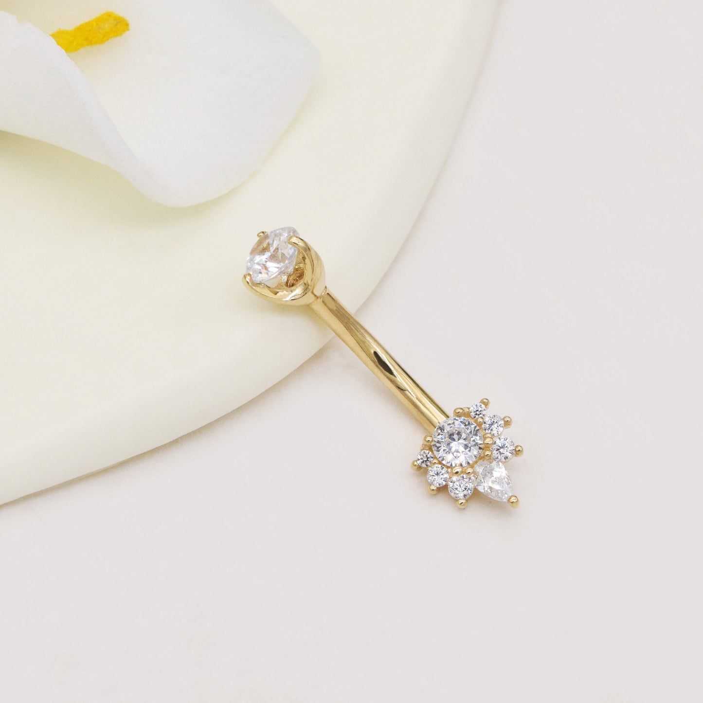 14K Solid Gold Dainty Belly Button Ring Cubic Zirconia Crown Navel Piercing 14g