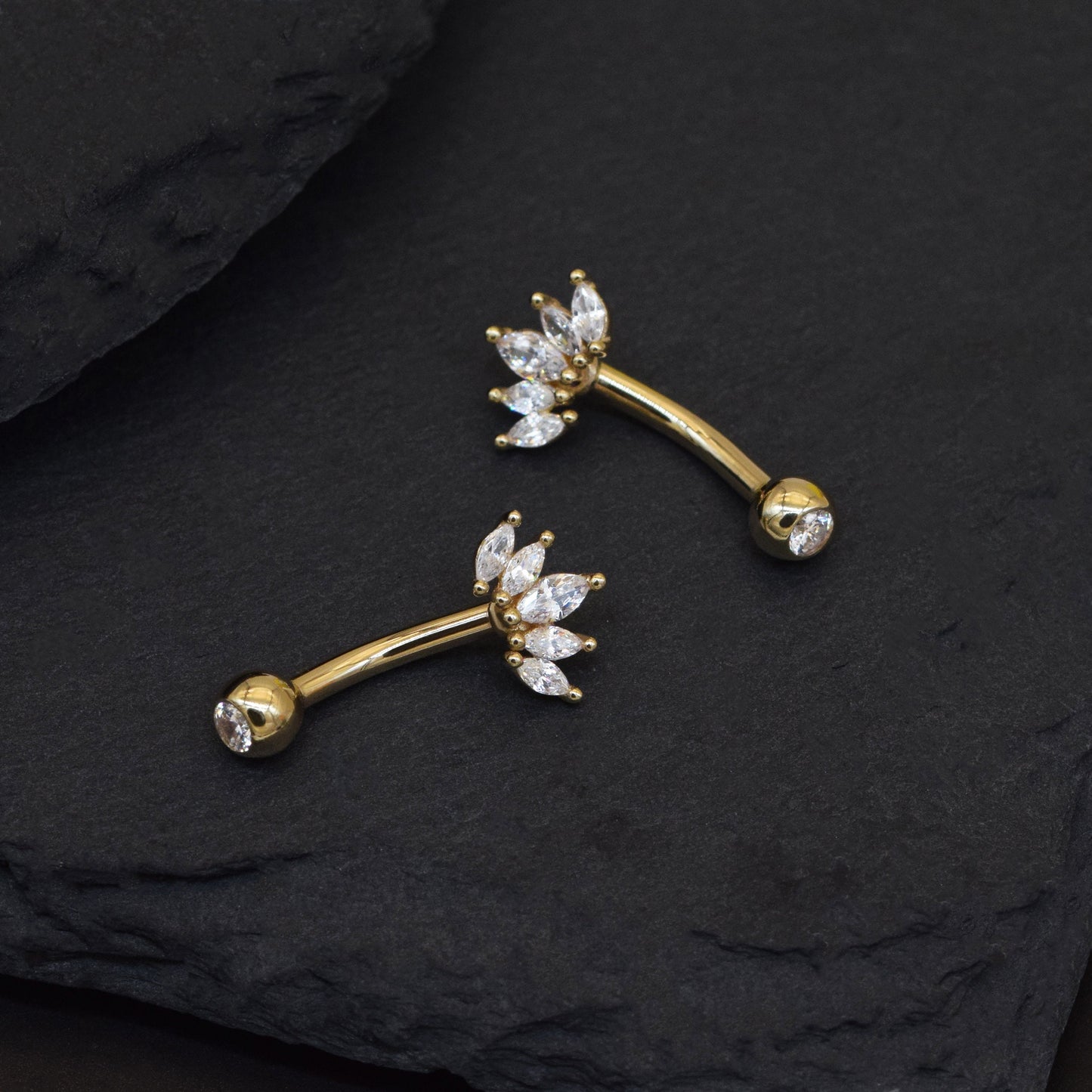 14K Solid Gold Cubic Zirconia Crown Belly Ring Tiara Navel Piercing 14G