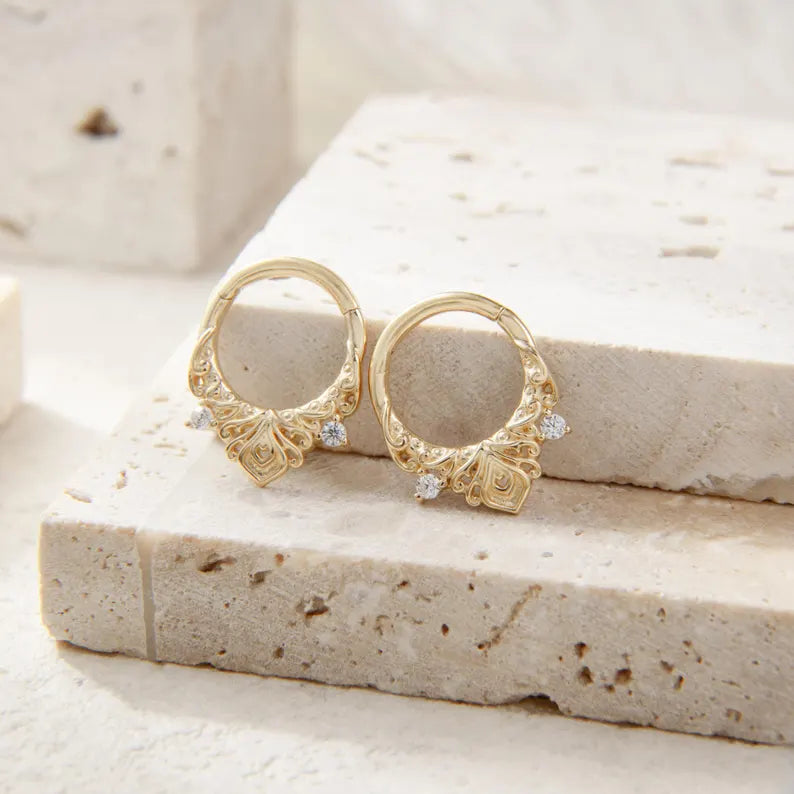 14K Solid Gold Floral Septum Hoop