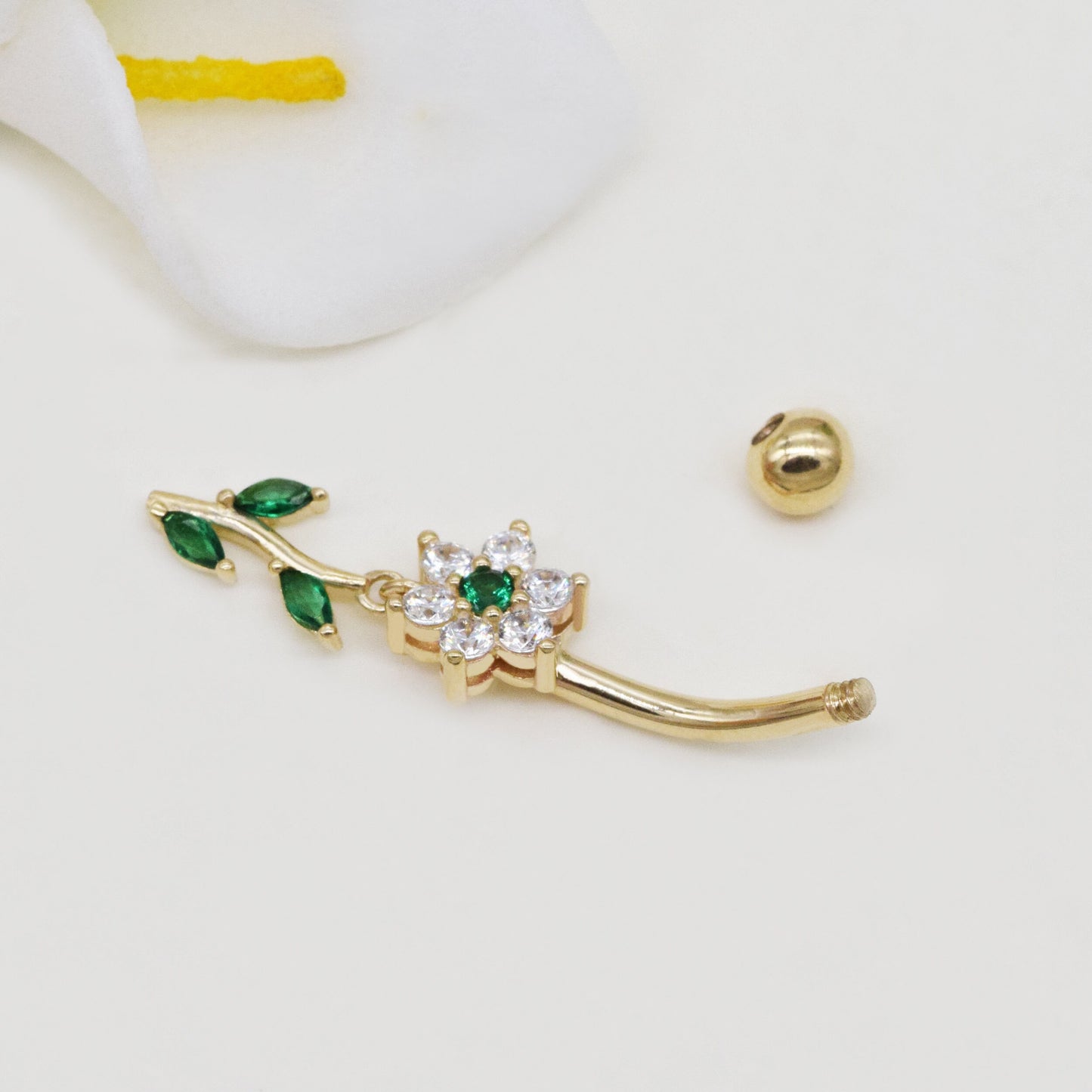 14K Solid Gold Flower Belly Ring Dangly Navel Piercing 14G