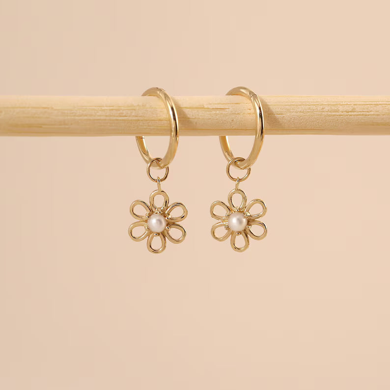 14K Solid Gold Flower Dangle Hoop Earring Charm