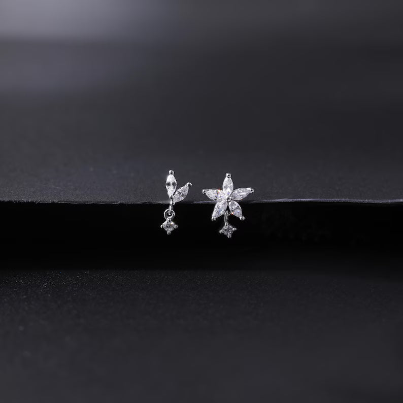 14K White Gold Flower Drop Stud