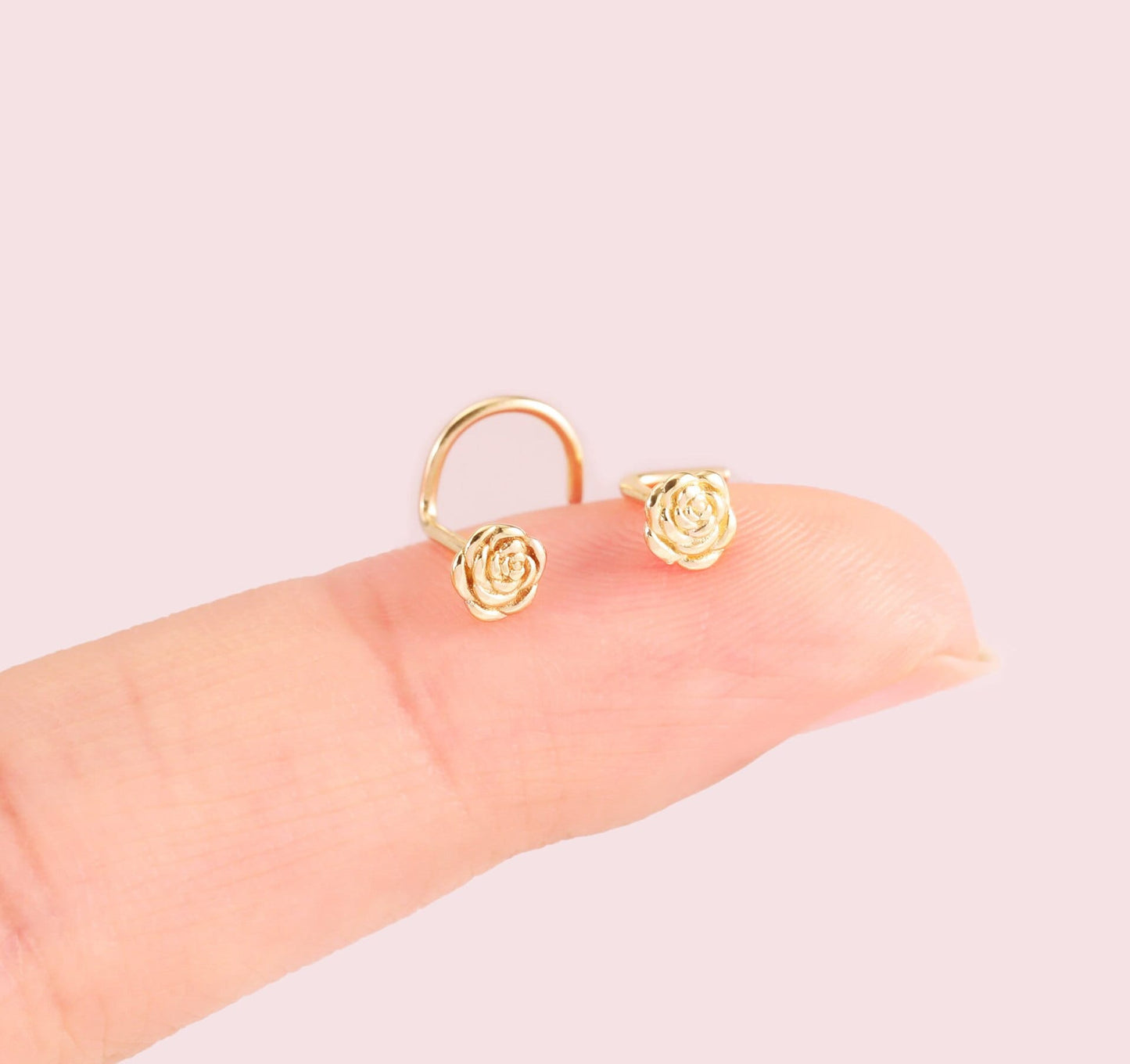 14K Solid Gold Rose Nose Stud Tiny L-Shape Flower Ring Dainty S-shape Piercing 20g