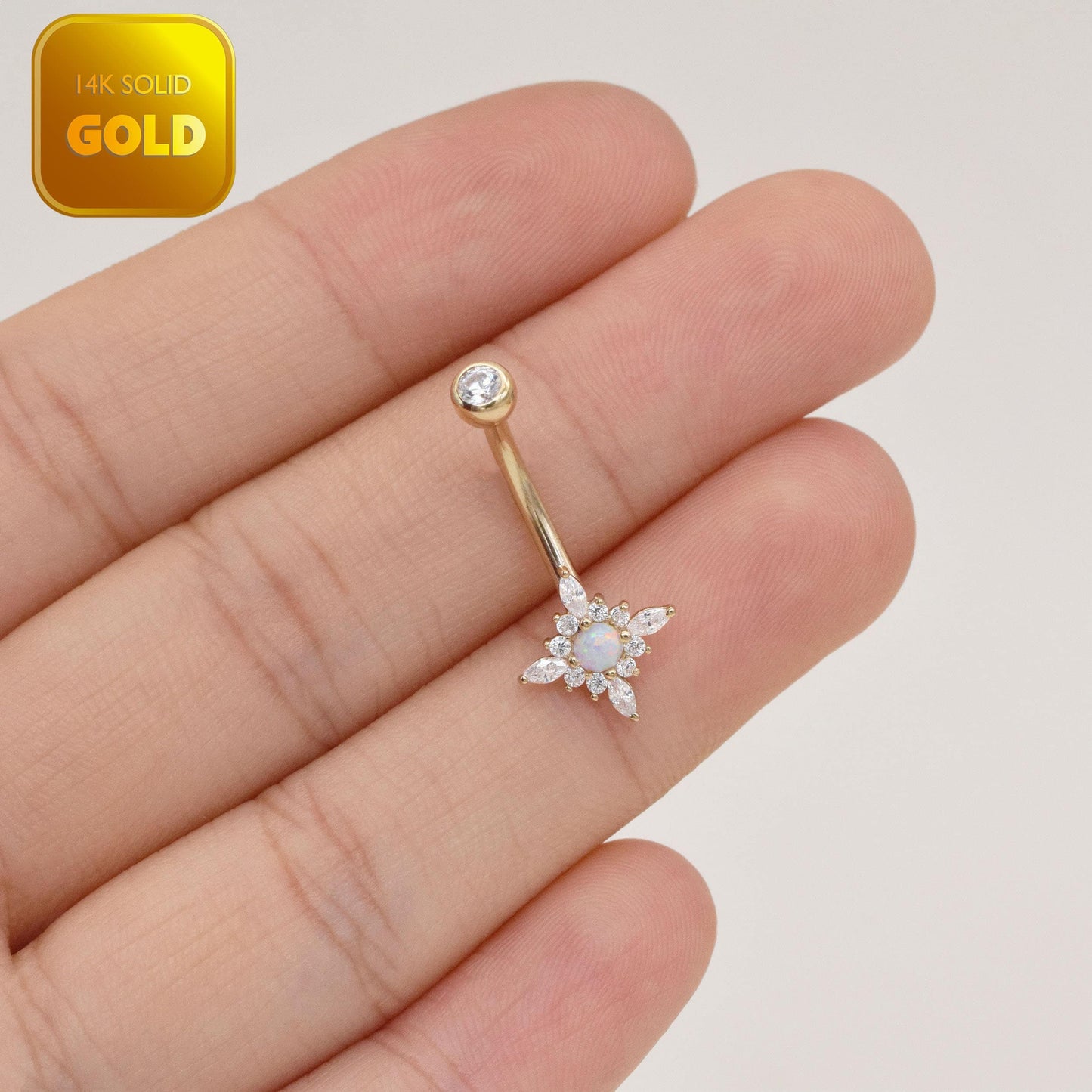 14K Solid Gold Flower Opa 14g Belly Button Ring