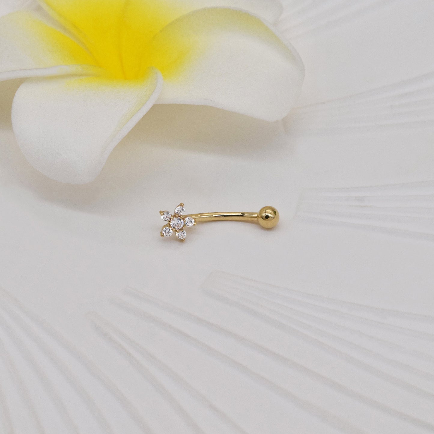 14K Solid Gold Flower Rook Earring Navel Barbell 16G Gift for Her