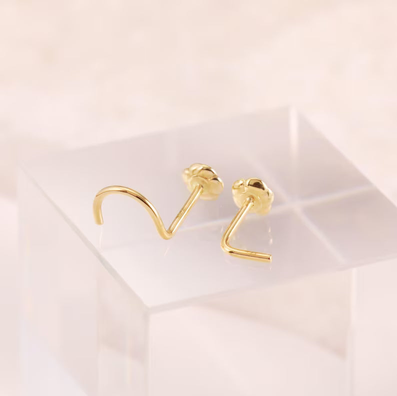 14K Solid Gold Flower Nose Stud L Shape S Shape 20g