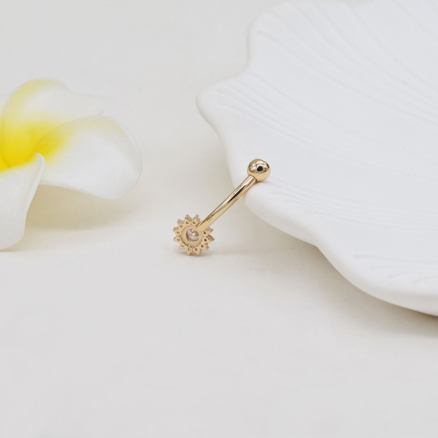 14K Solid Gold Sunflower Belly Ring Curved Barbell 14g