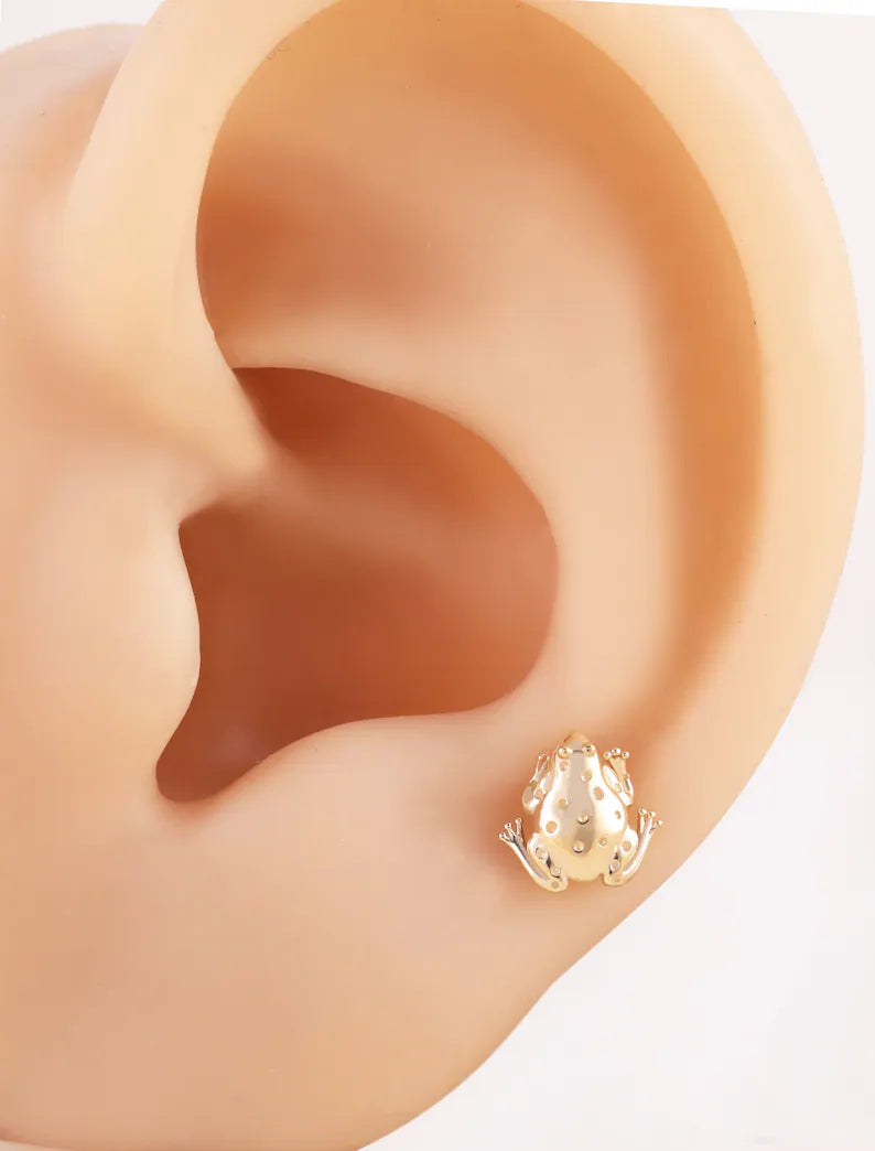 14K Solid Gold Frog Cartilage Stud Earring Flat Back
