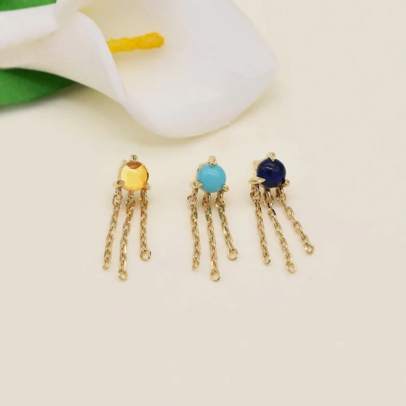 14K Solid Gold Gemstone Dangle Stud Earring