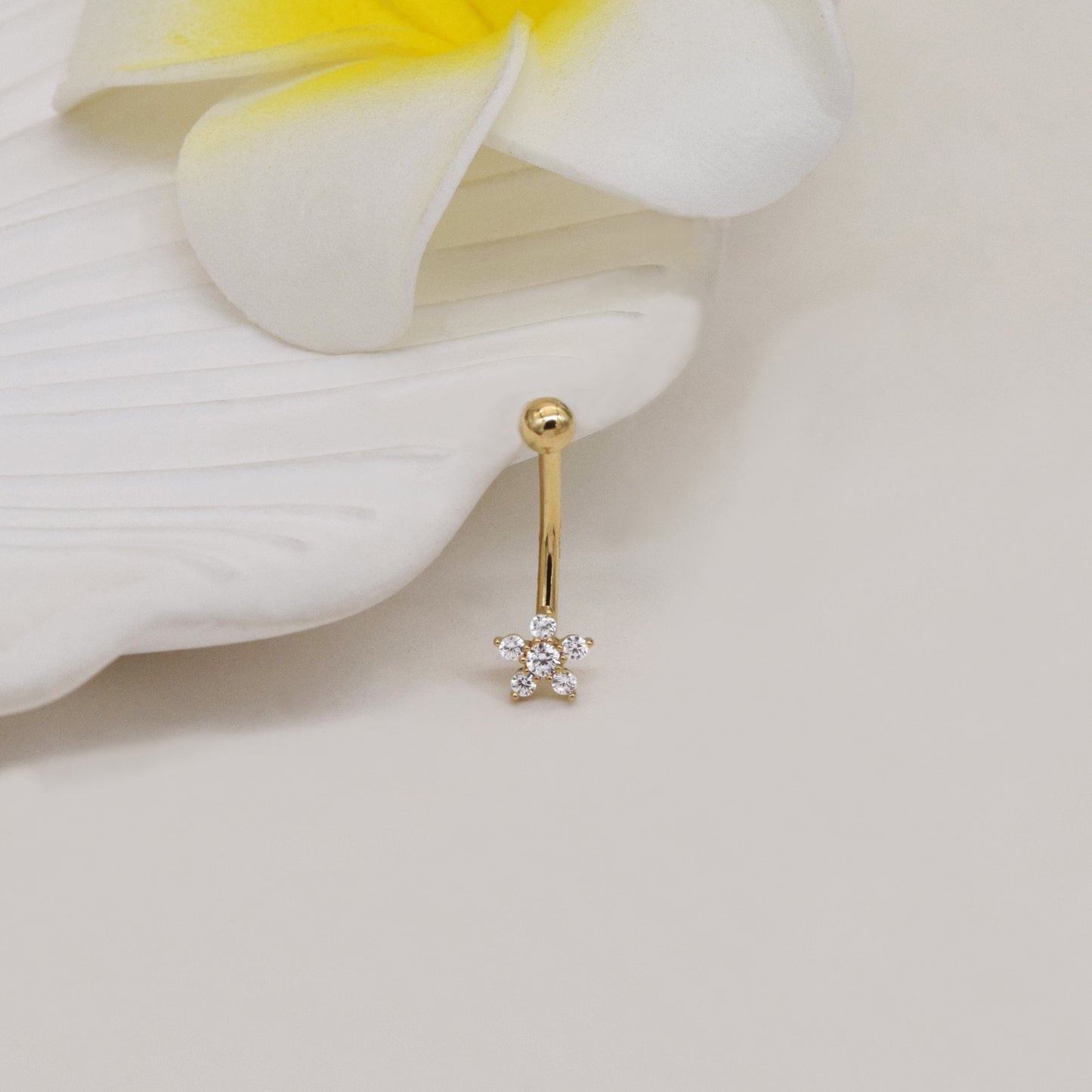 14K Solid Gold Flower Rook Earring Navel Barbell 16G Gift for Her